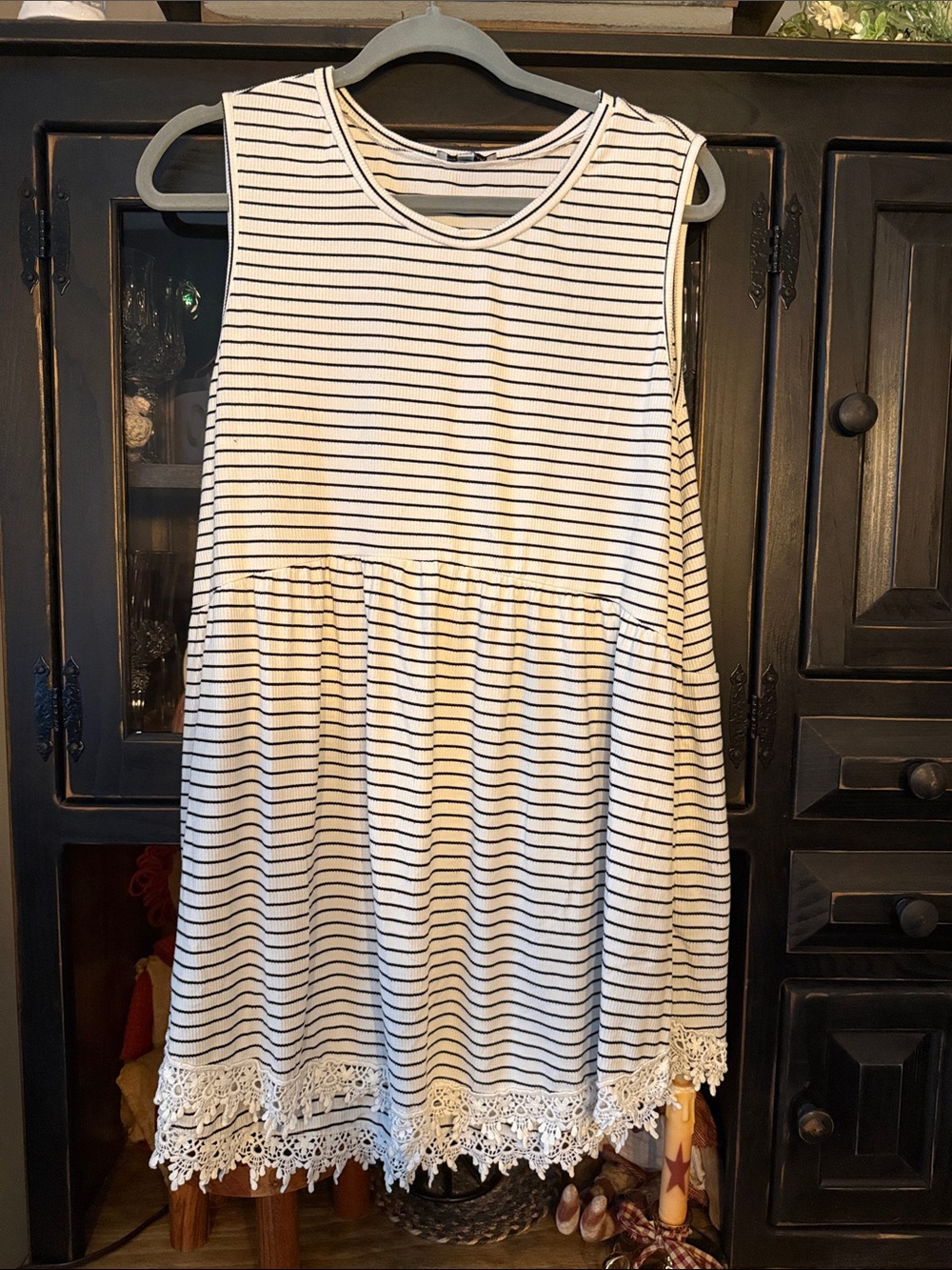 white birch White and Black Striped Sleeveless Tunic with Lace Hem